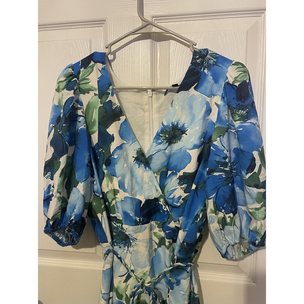 Alex Marie 14P Blue Floral Faux Wrap Dress Petite Puff Sleeve Belted - Picture 3 of 9